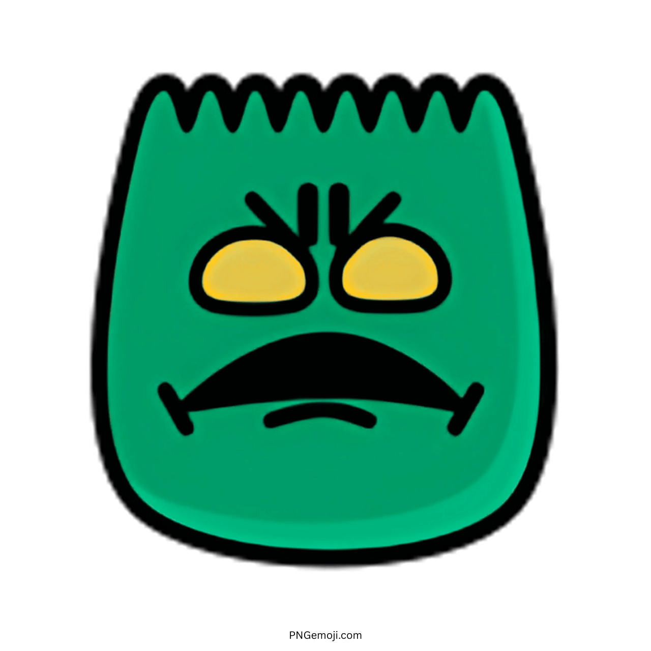 Angry green face emoji with yellow eyes and a mustache