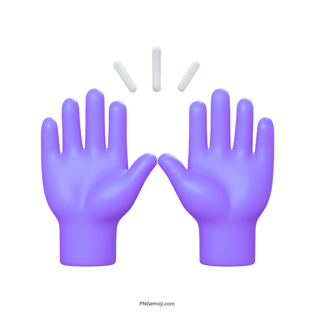 Purple hands raising emoji with a waving gesture and small sparkles, representing excitement or greeting.