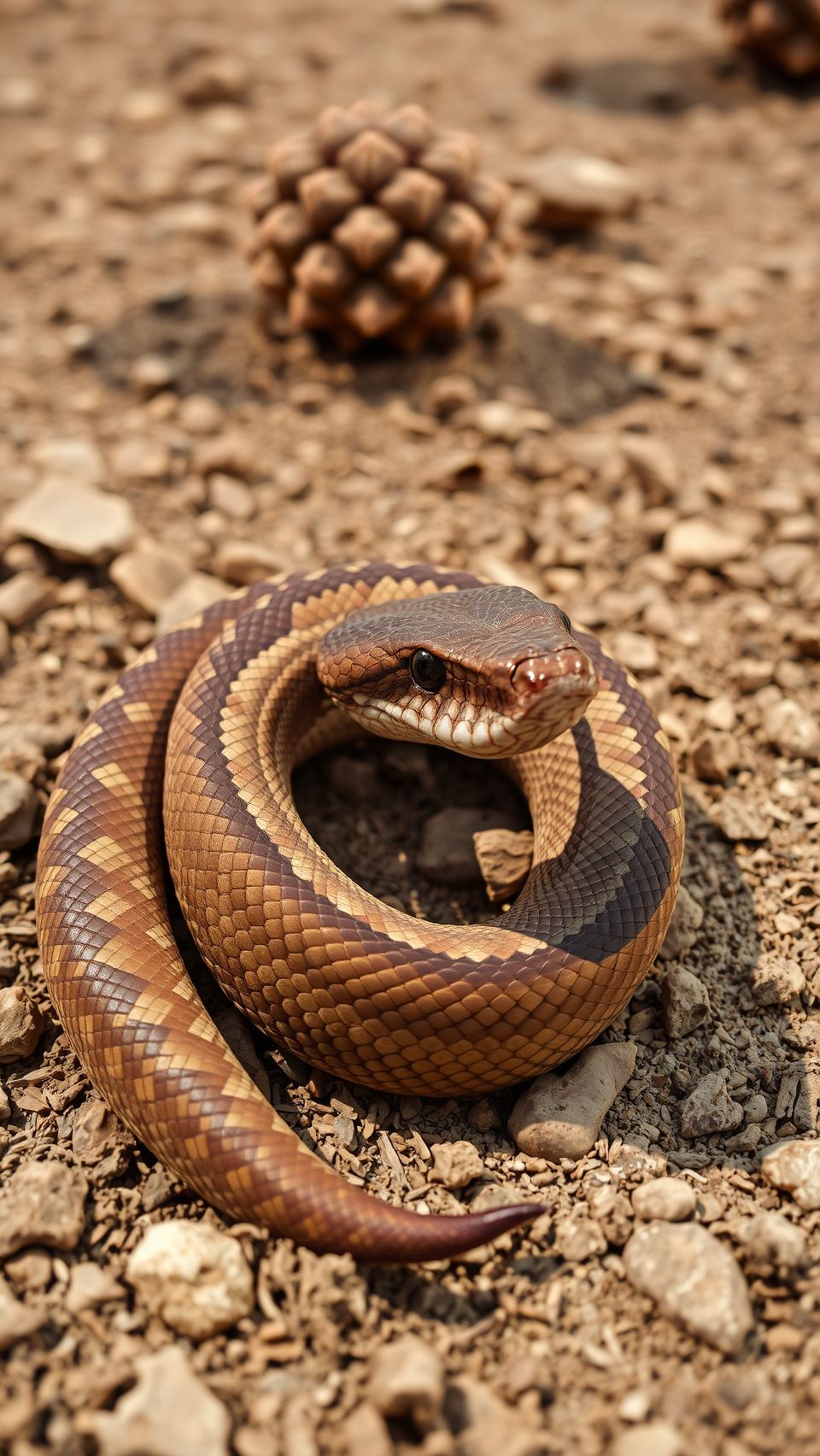 Realistic close-up of a rattlesnake coiled in its desert habitat.