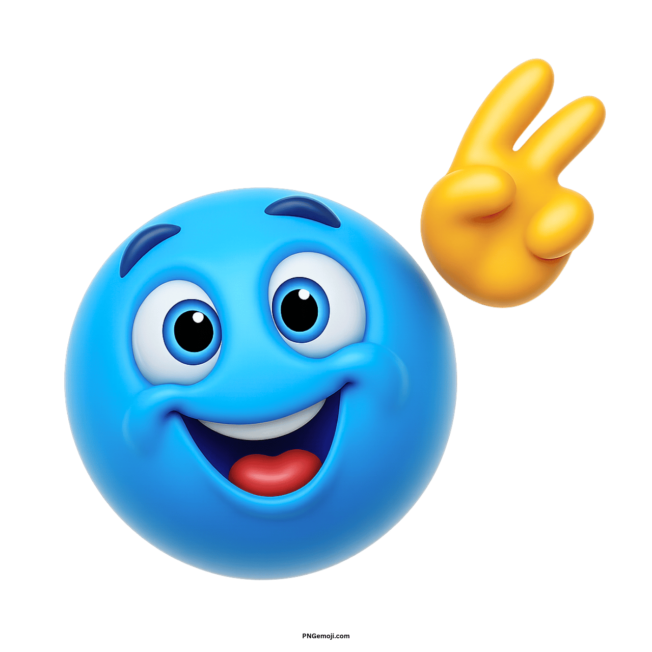 Blue smiley emoji reaching up with happy face and peace hand gesture