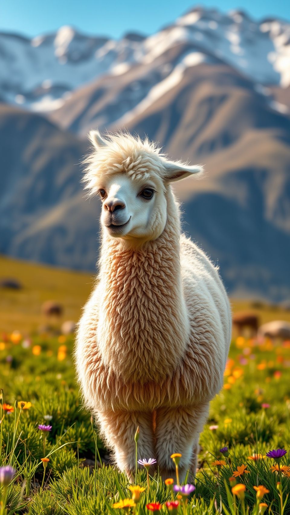 Beautiful alpaca standing in colorful mountain meadow with flowers and snow-covered peaks