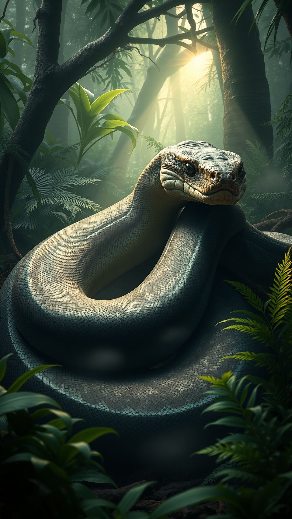 Anaconda snake coiled on the forest floor surrounded by lush green plants and sunlight