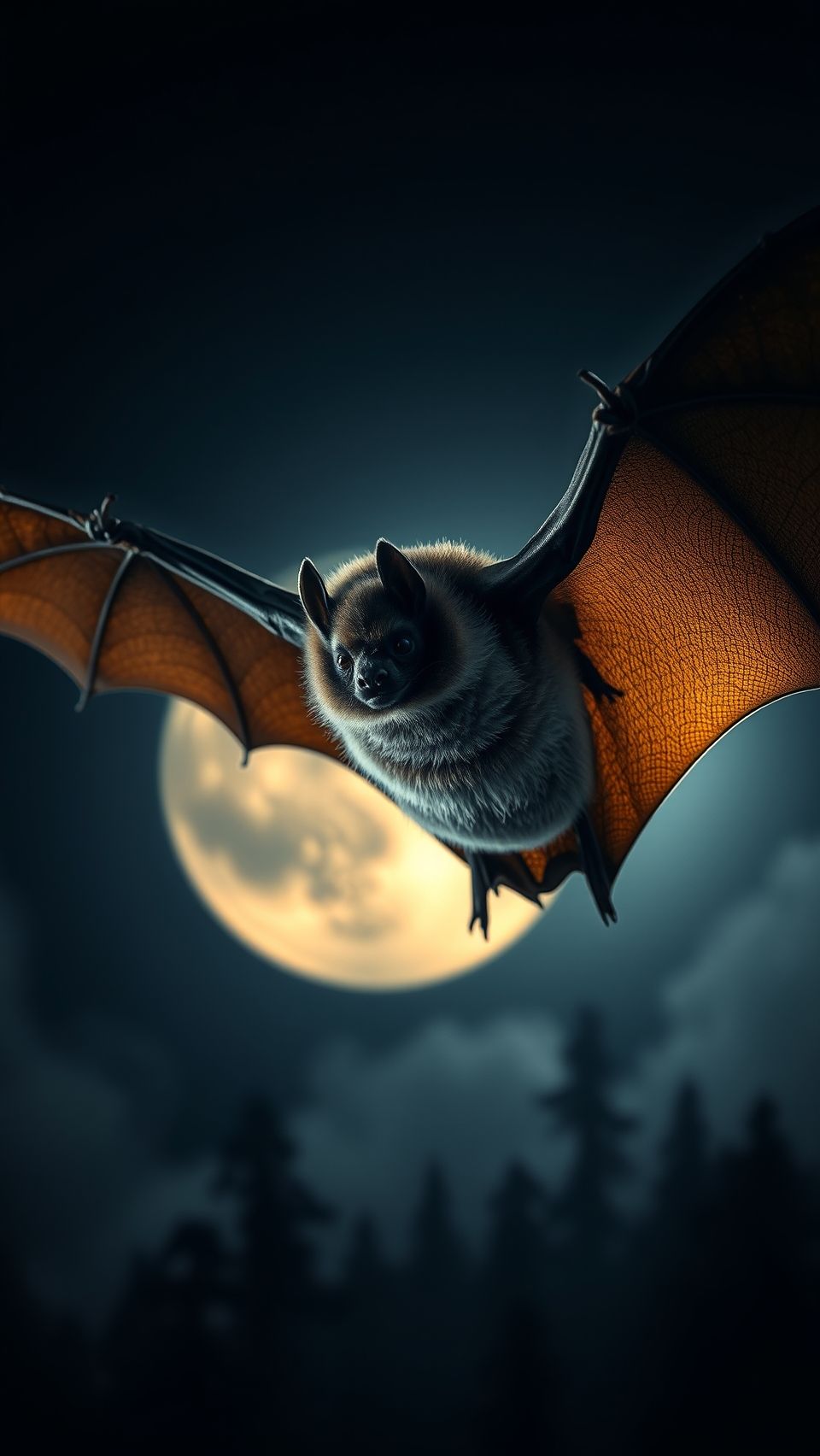 Realistic bat flying in the night sky with wings open against glowing full moon