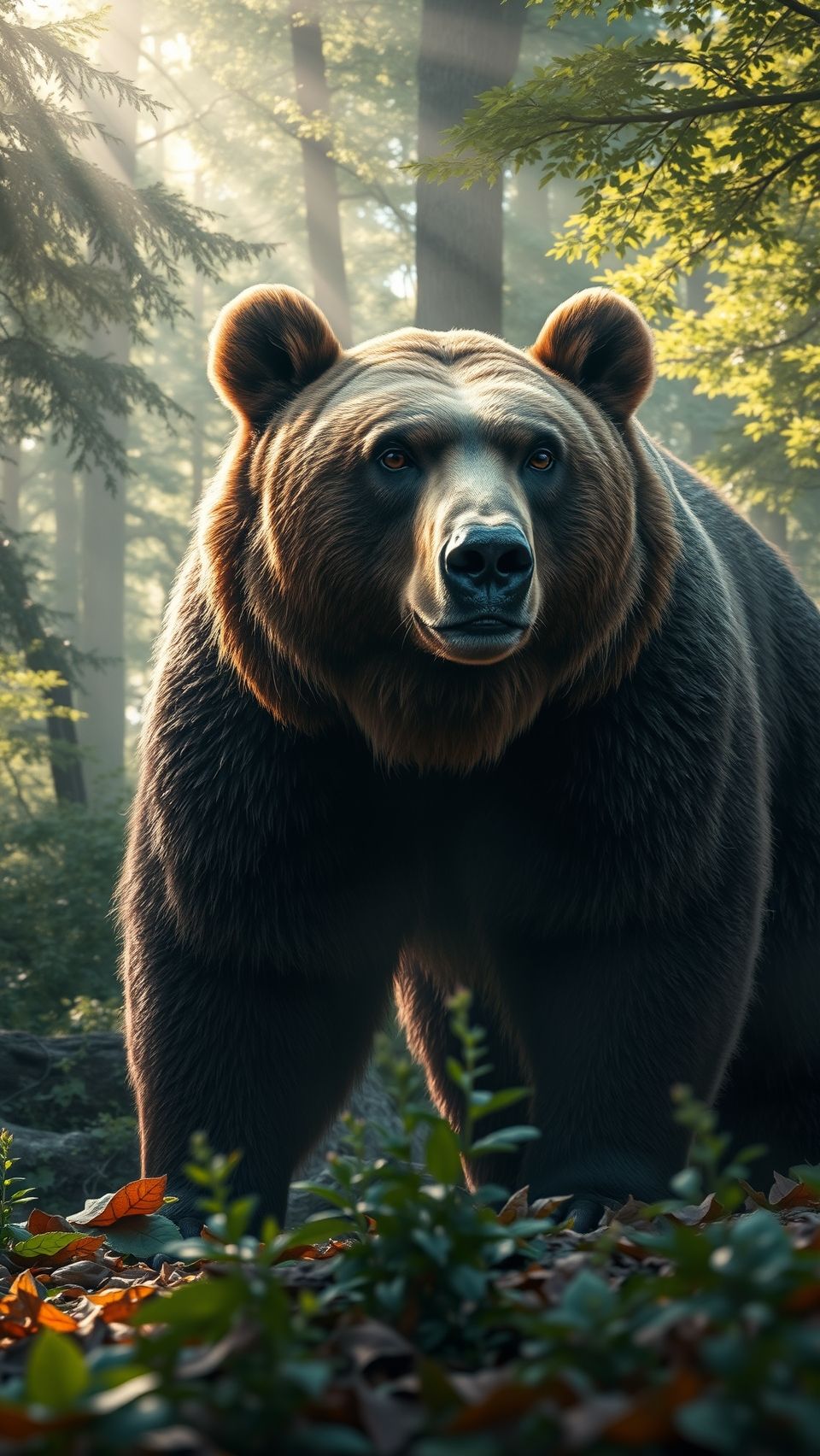 Majestic brown bear standing in a lush forest with sunlight filtering through trees.