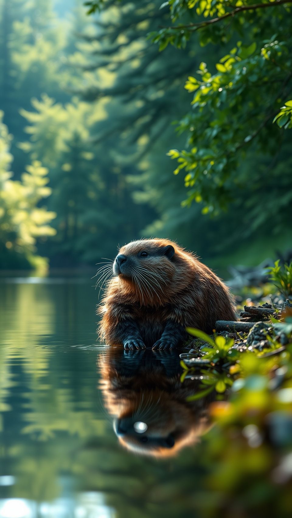 realistic beaver sitting on calm riverbank surrounded by green forest and natural scenery