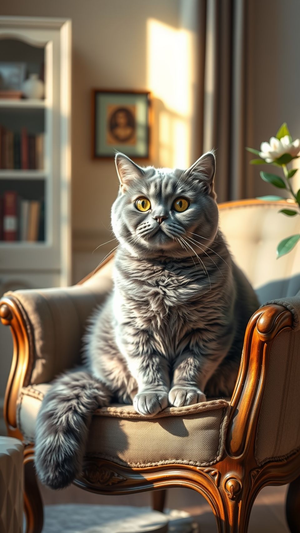 British Shorthair cat sitting elegantly on vintage chair with bright yellow eyes