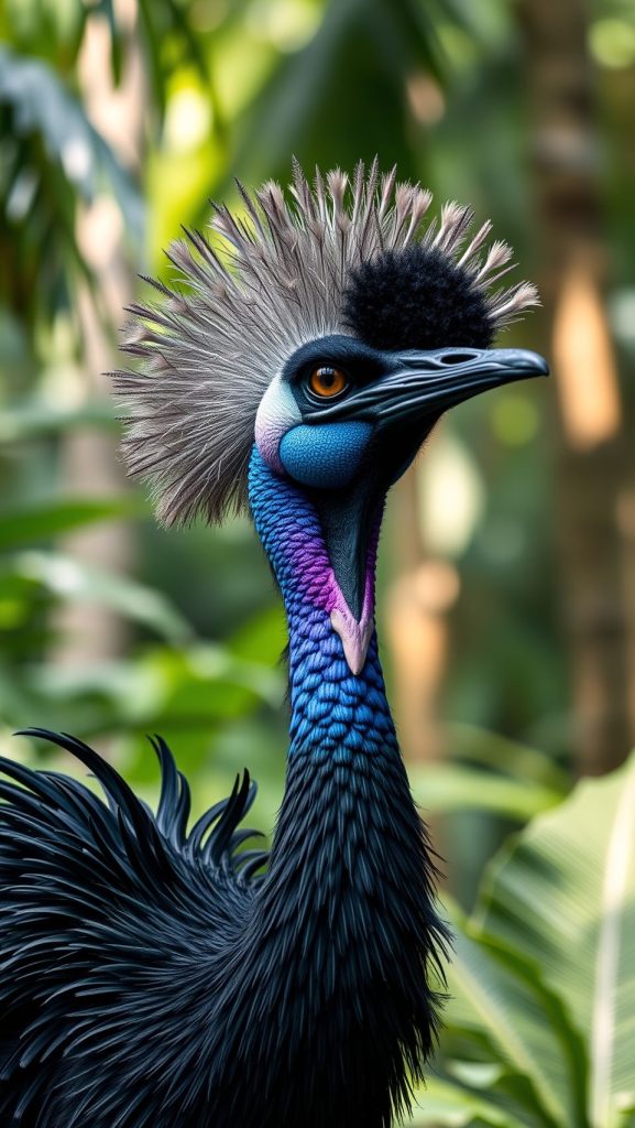 Close-up of vibrant cassowary bird with colorful feathers in tropical rainforest background