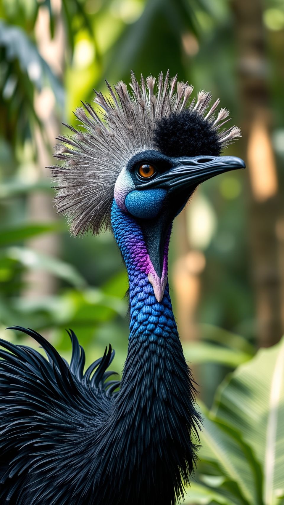 Close-up of vibrant cassowary bird with colorful feathers in tropical rainforest background