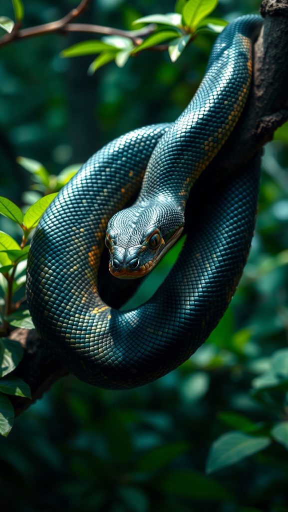 Coiled snake in a lush, natural environment with vibrant green foliage.