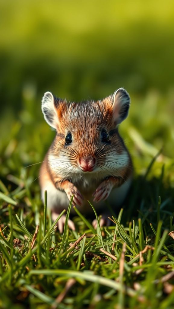 Close-up of a cute brown mouse sitting on fresh green grass in sunlight