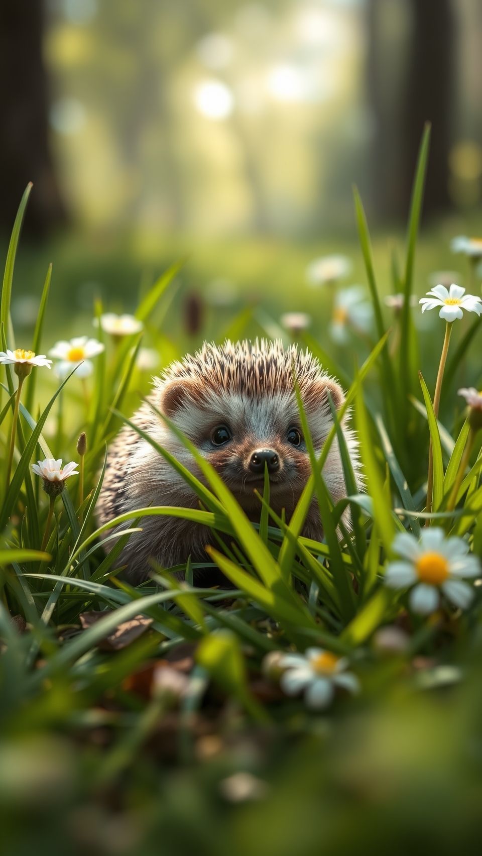 Realistic cute hedgehog in green grass with white flowers spring nature wallpaper