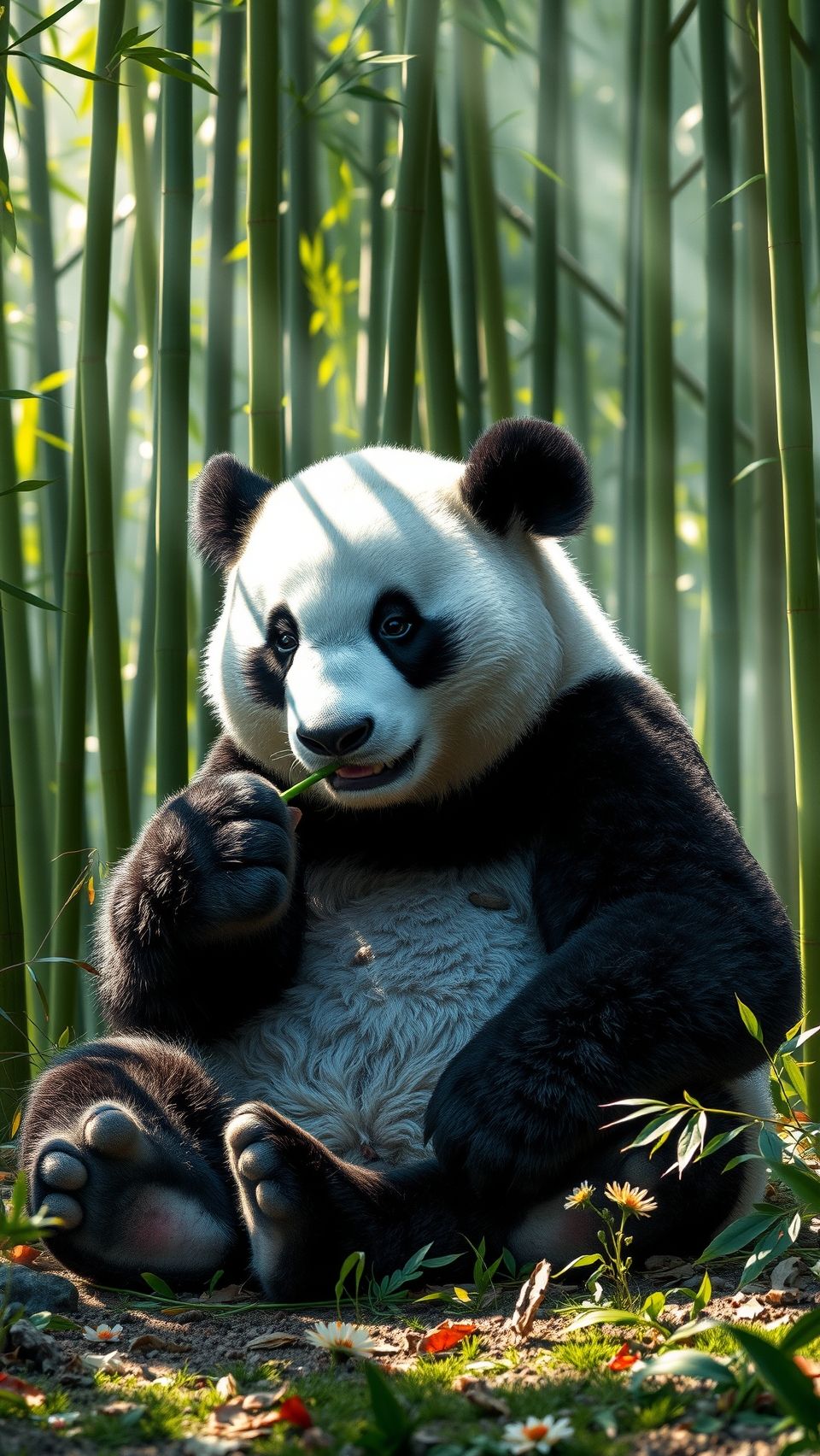 Giant panda eating bamboo in a bamboo forest, surrounded by flowers.