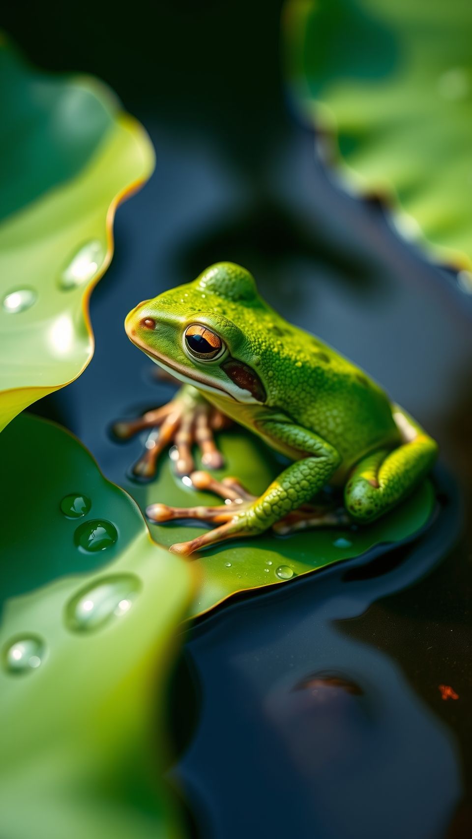 Close-up realistic green frog resting on lotus leaf with water droplets wallpaper