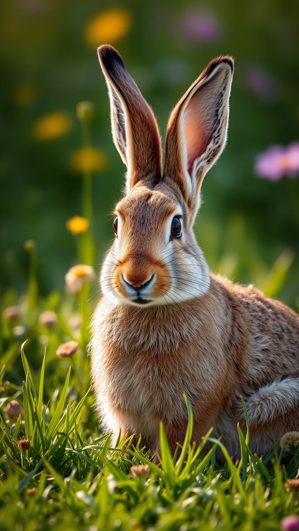 Realistic close-up wild brown hare sitting peacefully in a green meadow with flowers