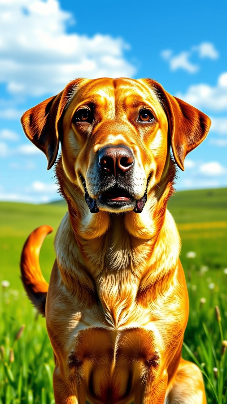 Realistic portrait of a Labrador Retriever dog in a green field under a clear blue sky.
