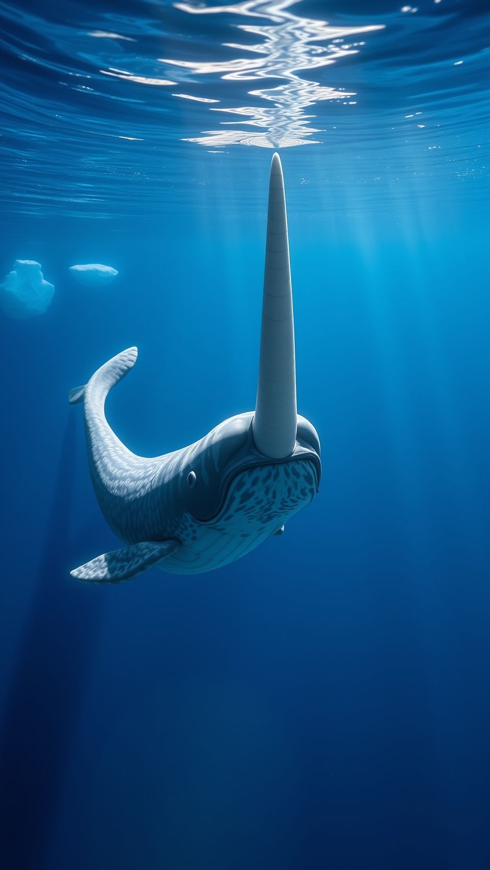 Realistic narwhal swimming gracefully underwater in deep Arctic ocean with long spiral tusk