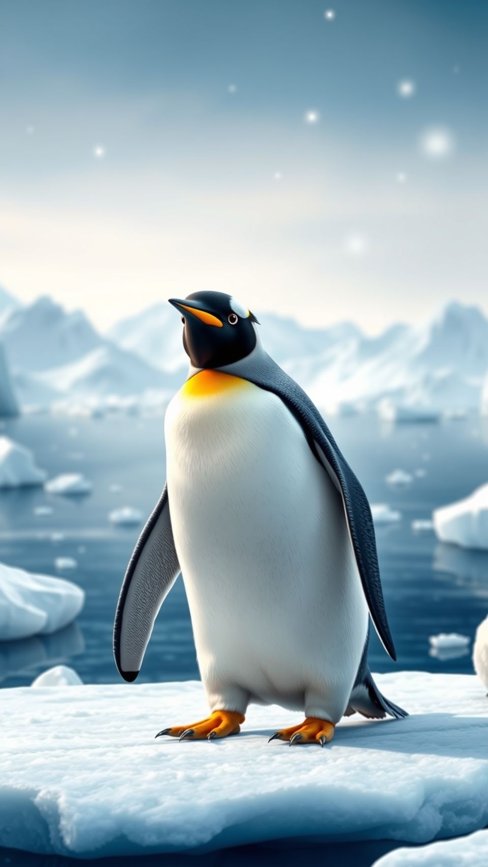 Realistic penguin in its natural icy habitat with iceberg background