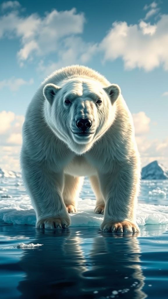 Ultra realistic polar bear standing on ice in Arctic ocean with blue sky