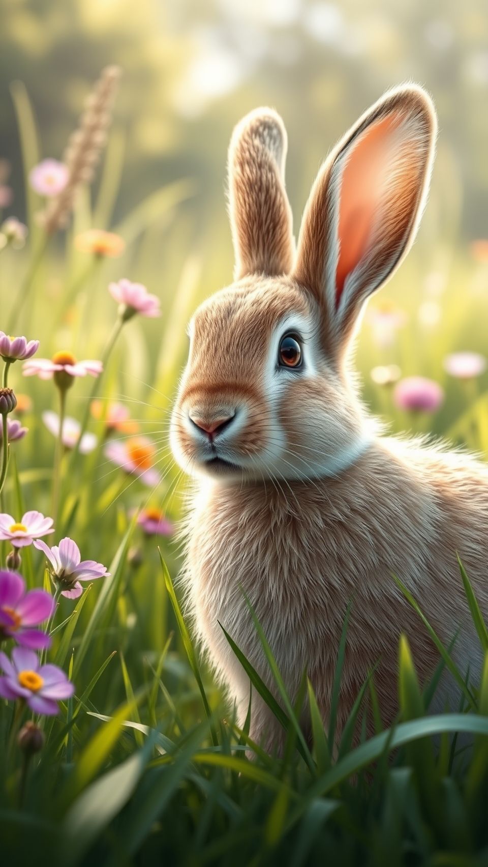 Realistic rabbit in a natural habitat surrounded by flowers and grass