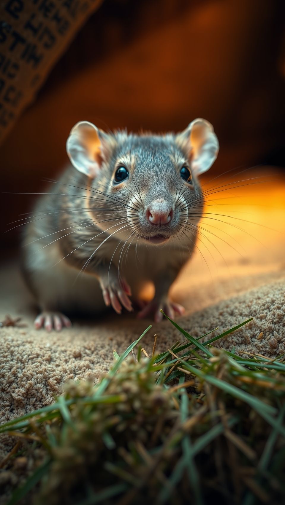 Close-up of a curious rat in its natural habitat with grass and soft background lighting