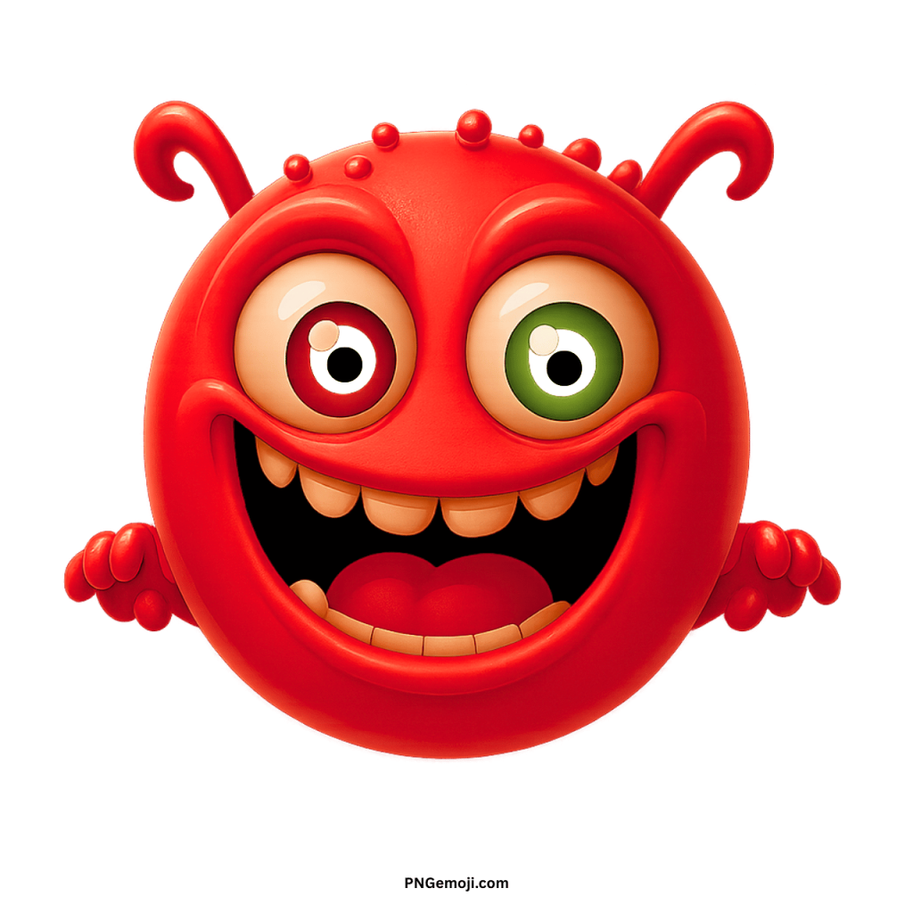 Red alien monster emoji cartoon face with big eyes, wide grin, and silly expression