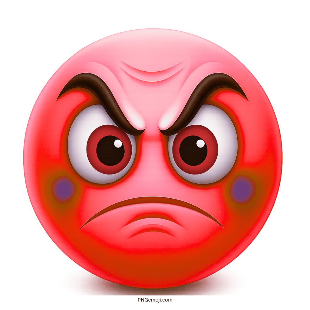 Red angry emoji face with red eyes and furious eyebrows
