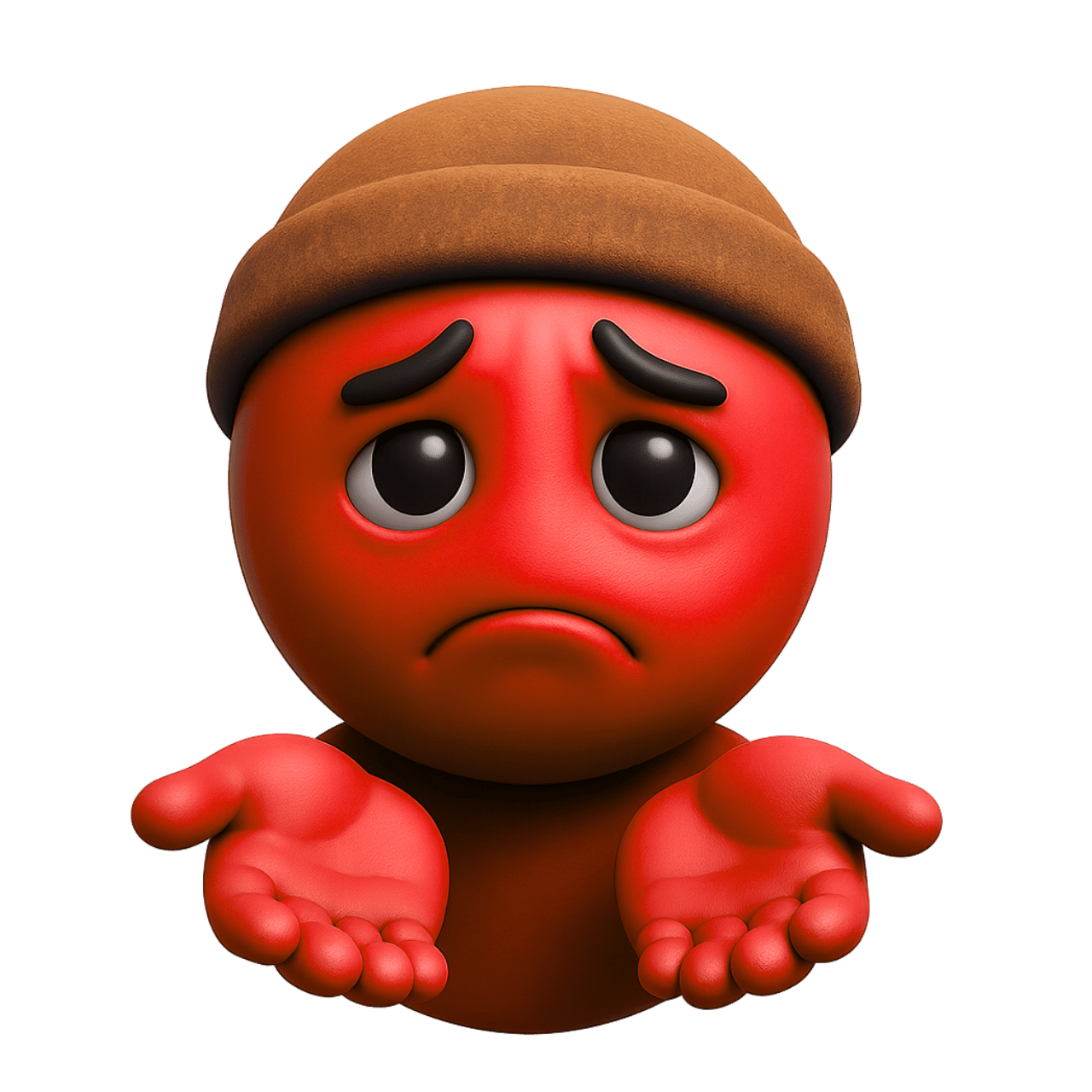 Red beggar emoji character with brown hat showing sadness and open empty hands