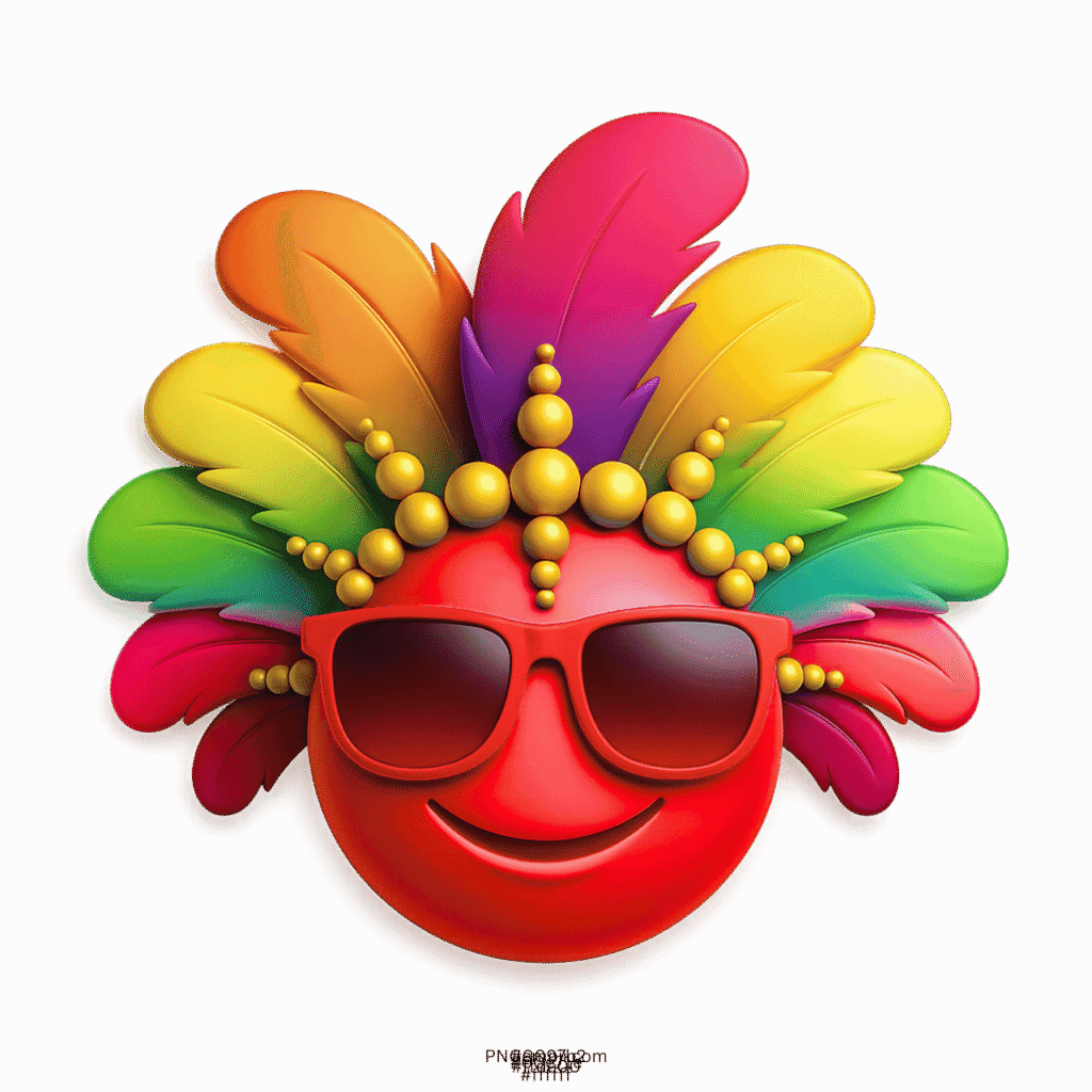 Red carnival smiley emoji with rainbow feather headdress and sunglasses
