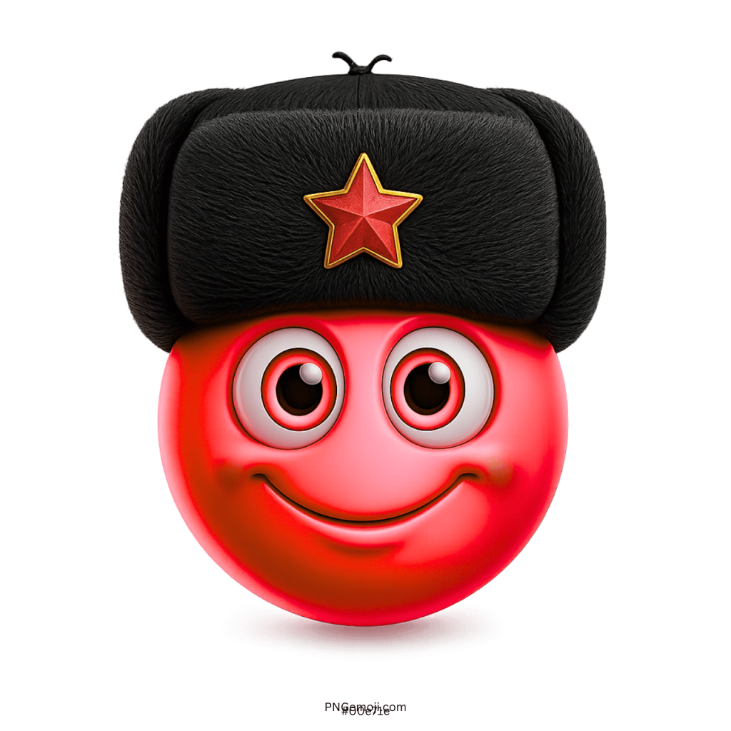 Red smiley emoji wearing furry black hat with bright red star badge
