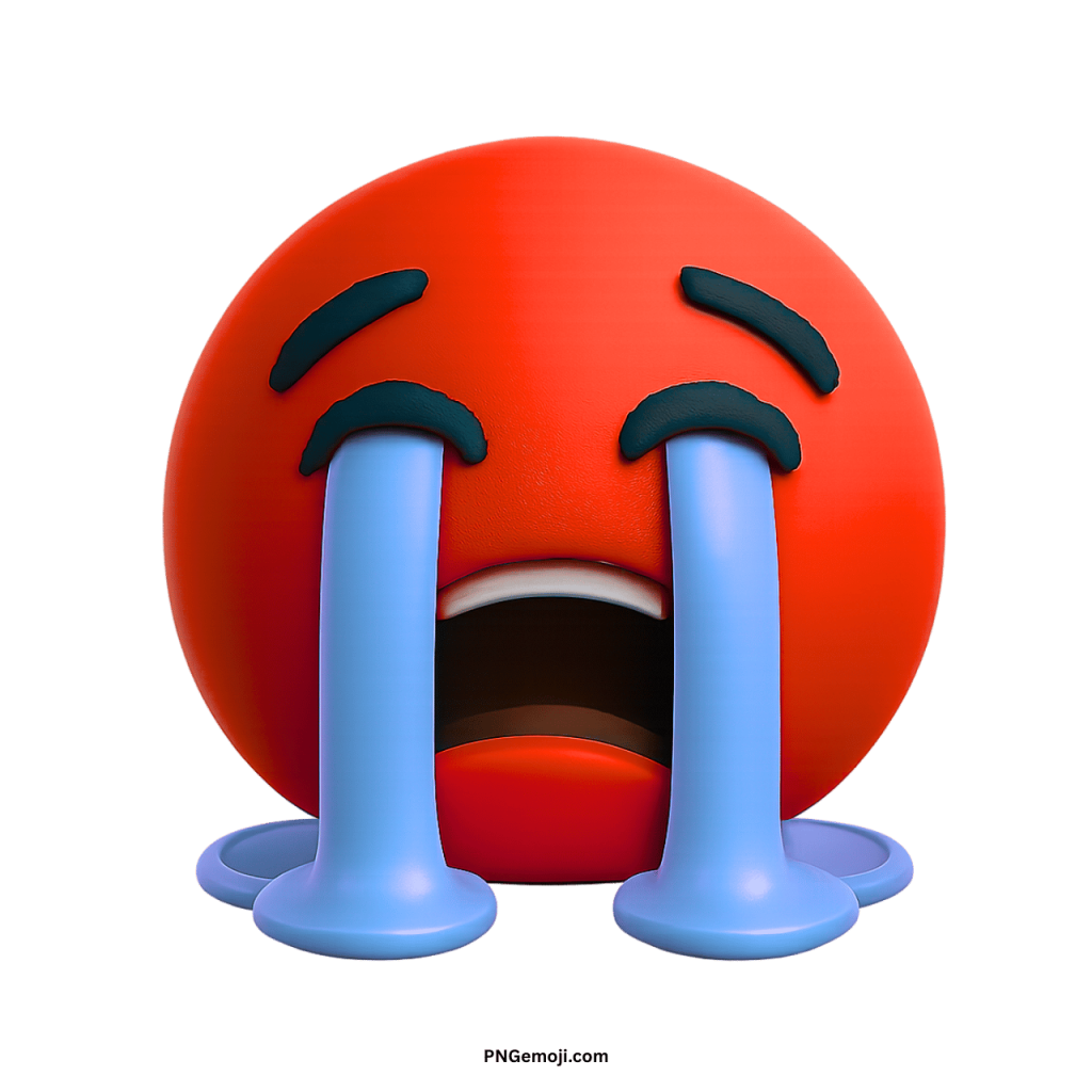 3D red crying emoji with large blue tears and sad emotional expression
