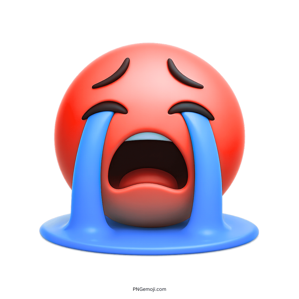 red 3D emoji crying heavily with blue tears pooling on the ground