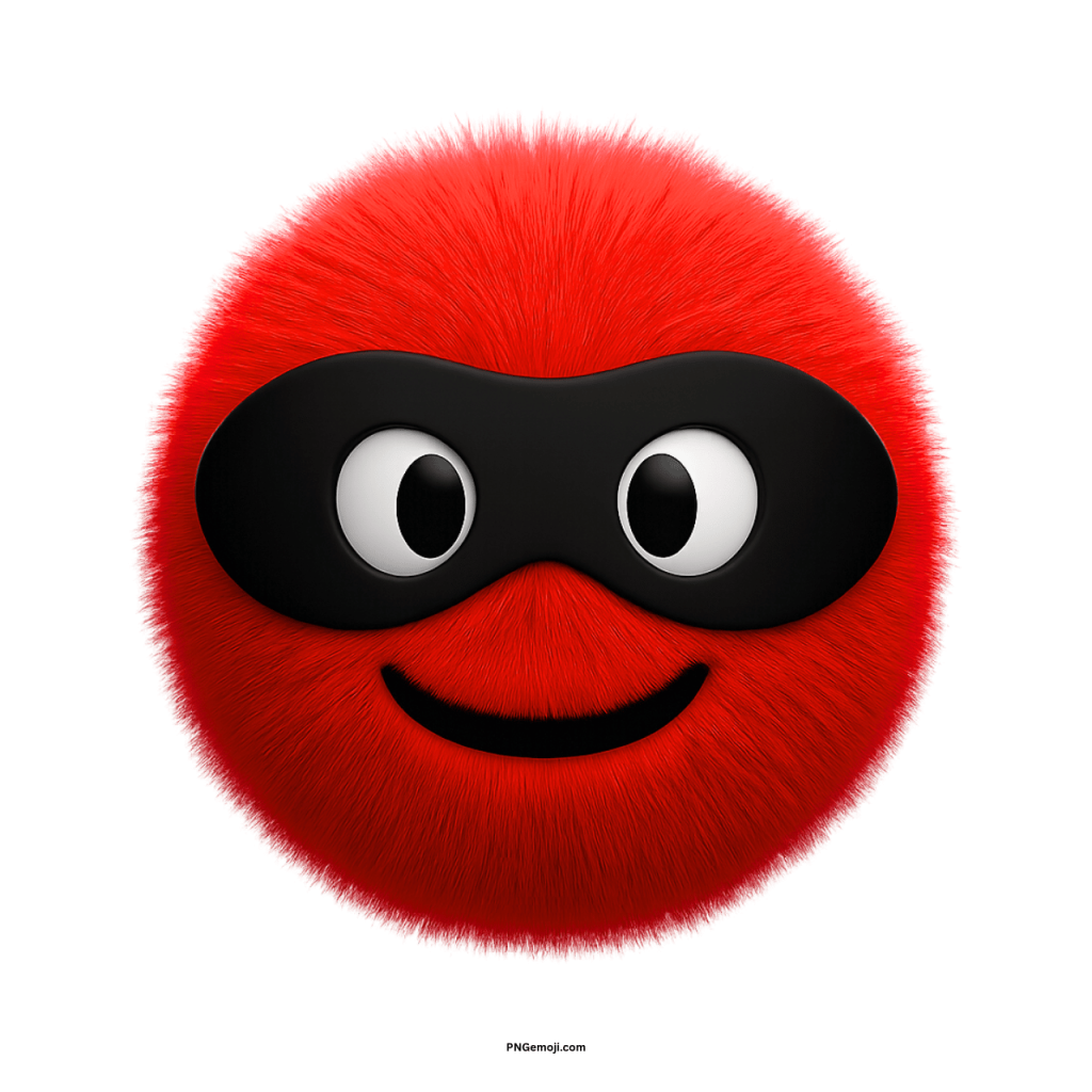Red furry emoji face with black ninja mask and happy smiling cartoon expression