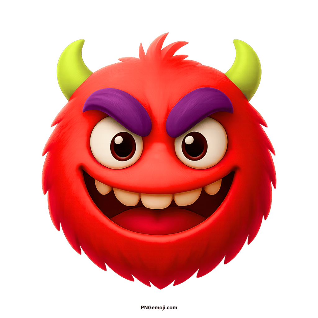Red furry enemy monster emoji with yellow horns, purple eyebrows, and mischievous wide smiling face