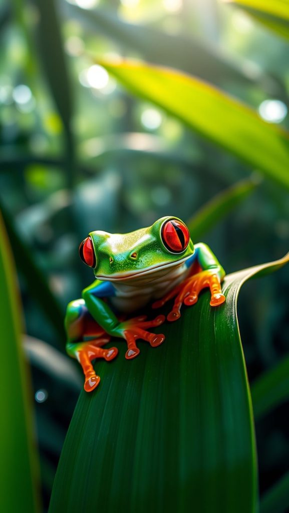 Close up red eyed tree frog sitting on glossy green leaf in rainforest