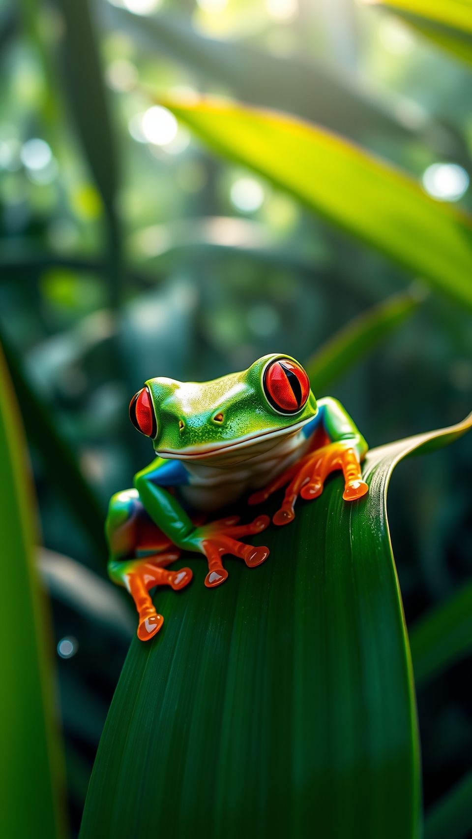 Close up red eyed tree frog sitting on glossy green leaf in rainforest