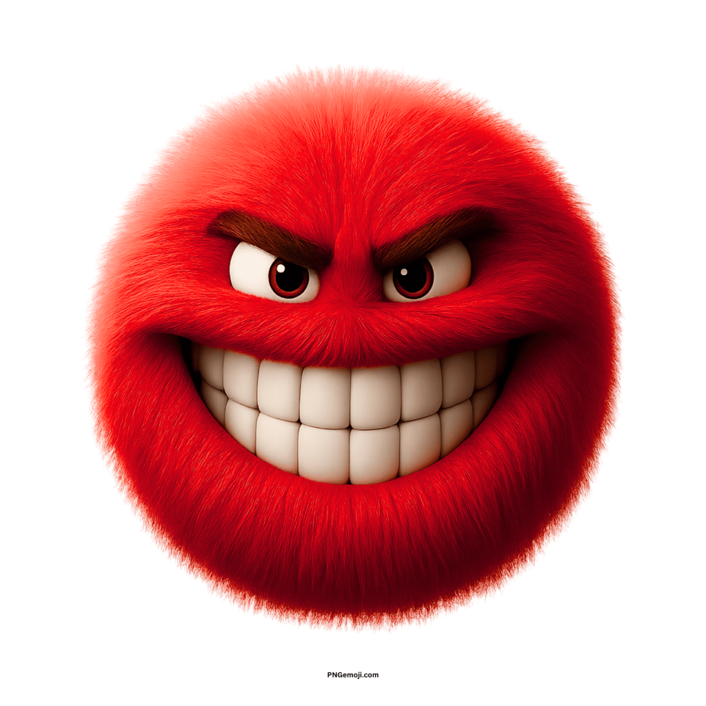 Red furry emoji with wide grin and angry cartoon eyebrows showing mischievous expression