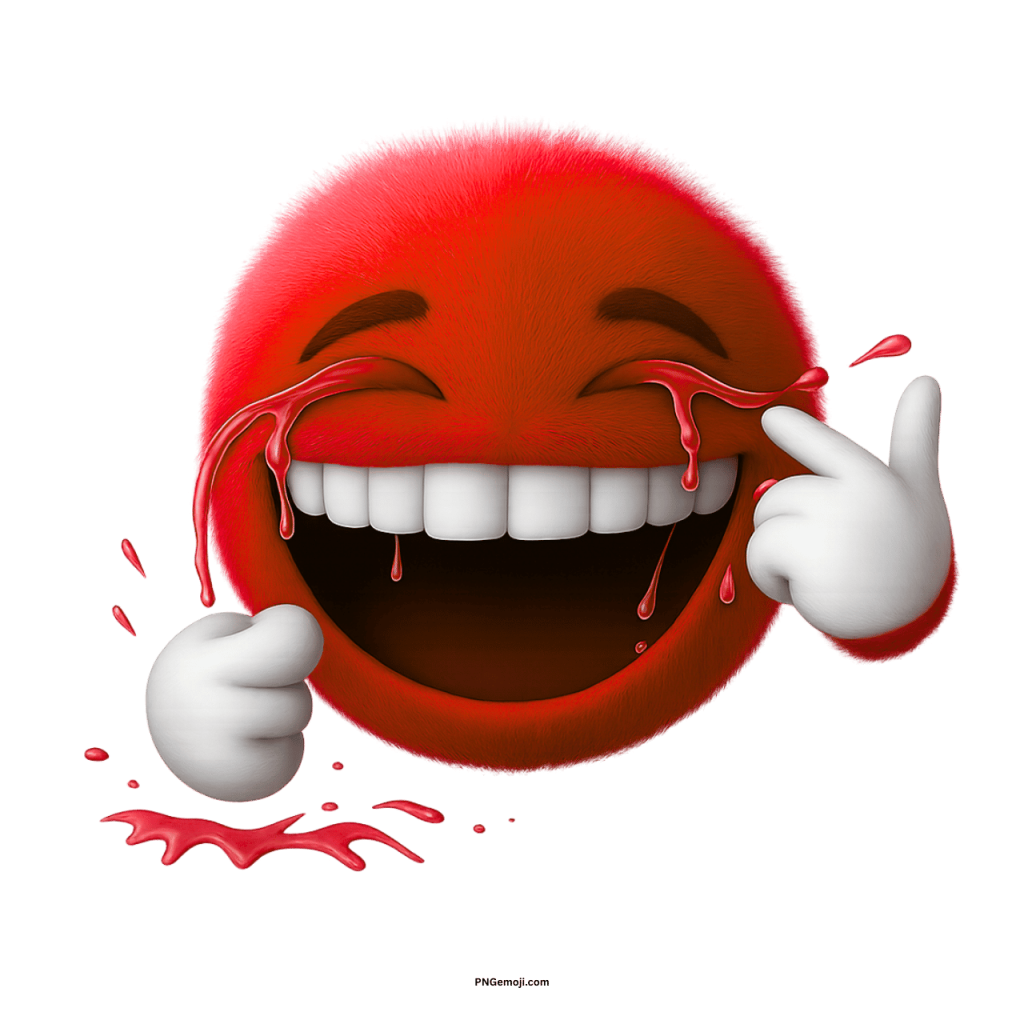 Red furry emoji laughing hard with tears and wide open smile on transparent background