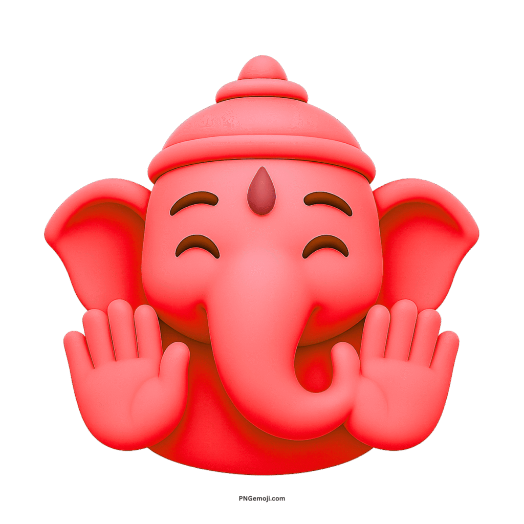 Red Ganesh emoji with joyful smiling face, raised hands, cartoon Hindu god design