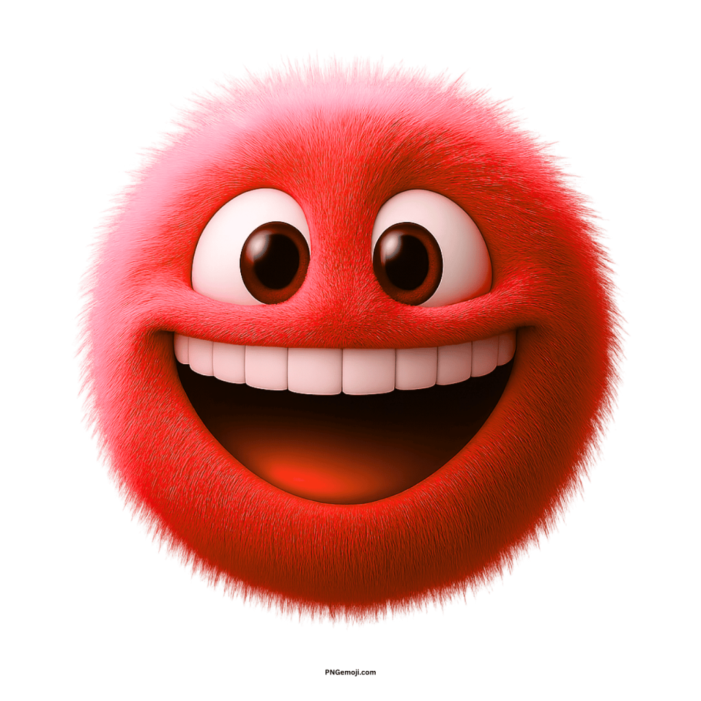 Cute red furry emoji face with big smile, happy expression, PNG transparent download