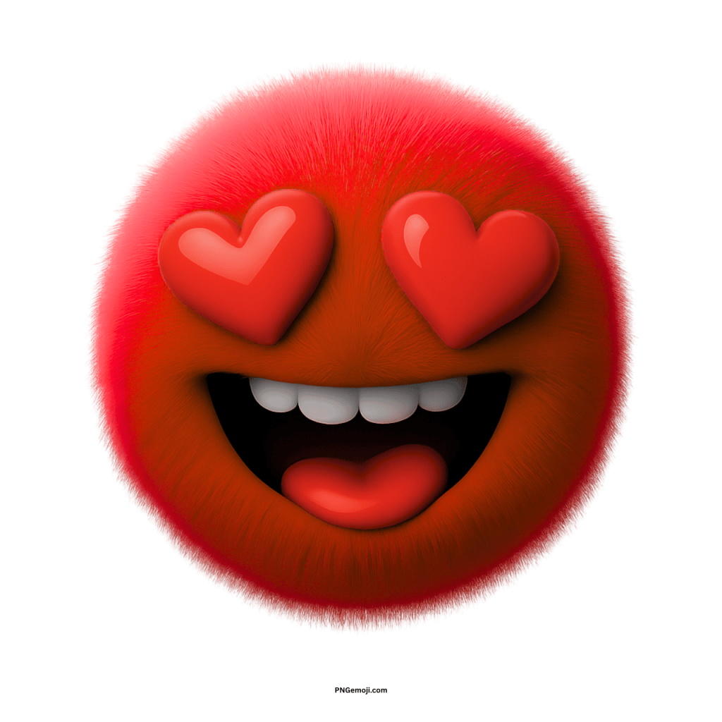 Fluffy red emoji with heart-shaped eyes and wide smile on transparent background