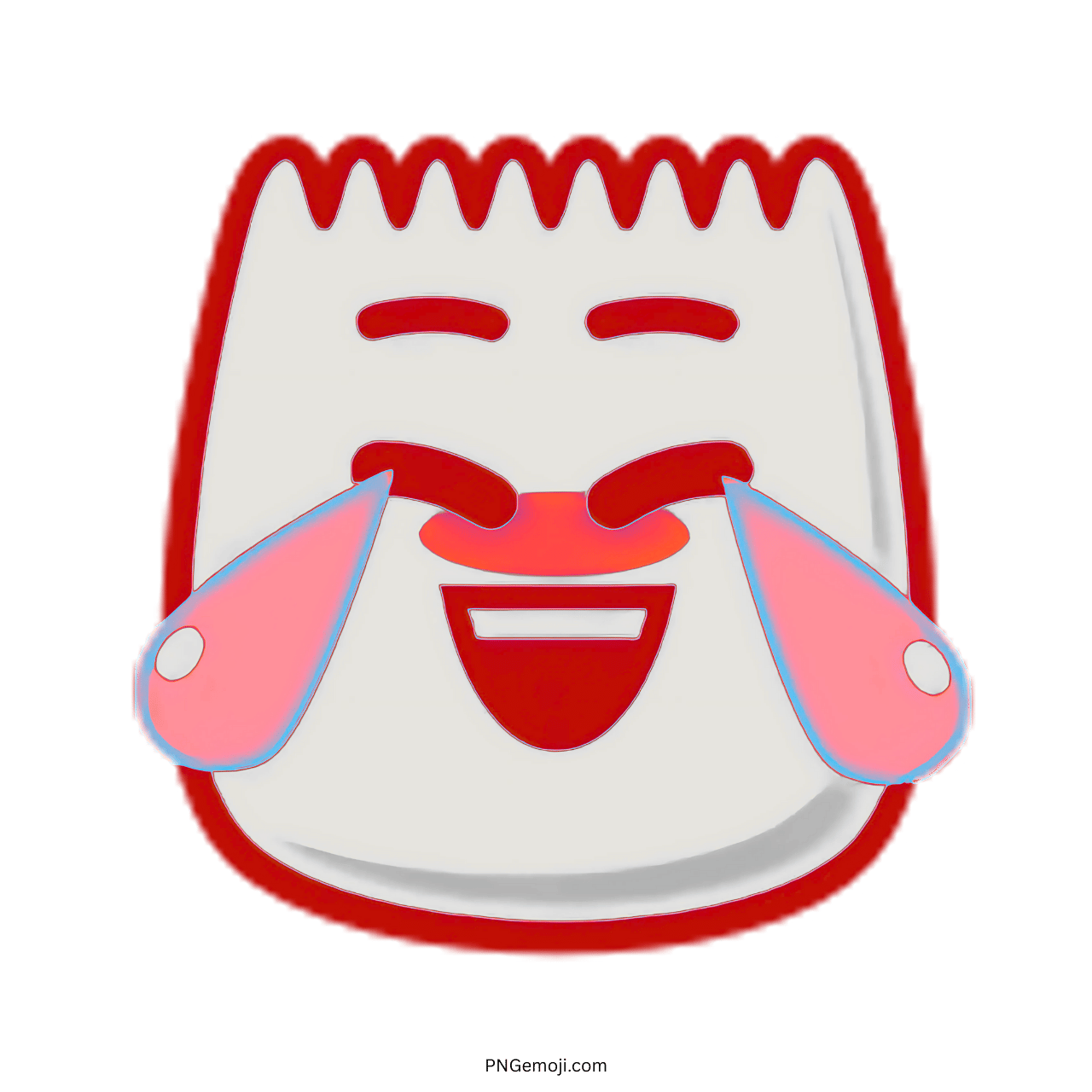 Red laughing TikTok emoji with tears of joy, funny cartoon style transparent PNG image