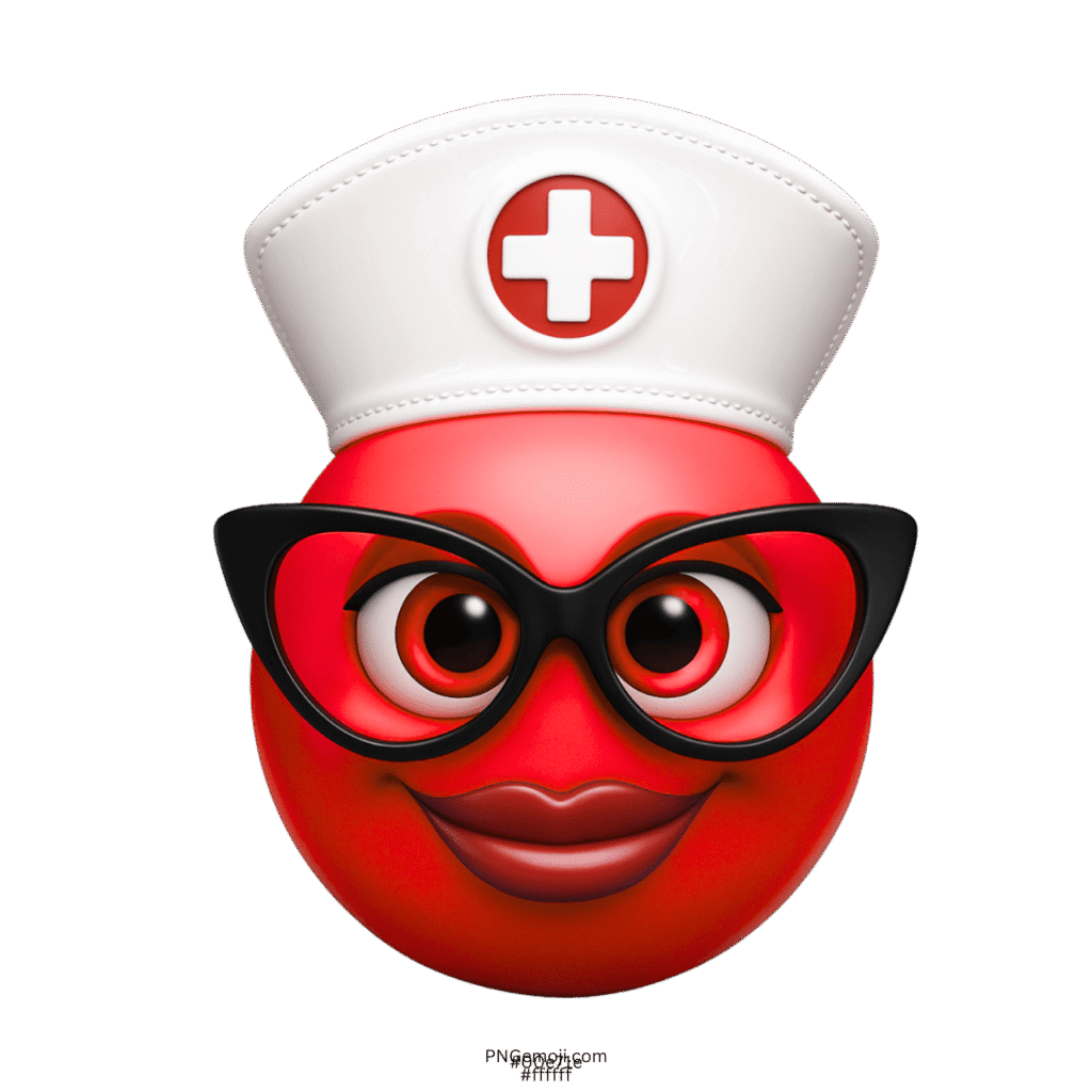 Red nurse emoji face with black glasses white cap and red lips