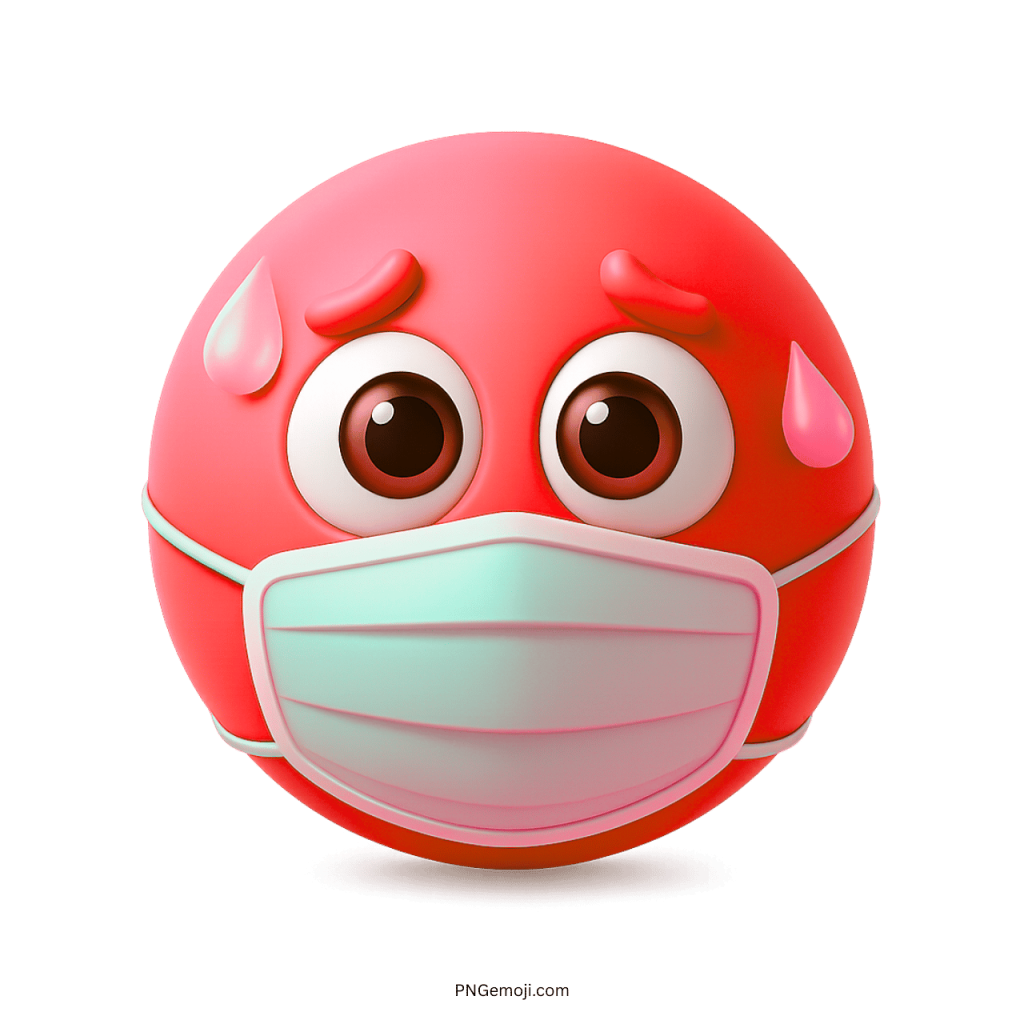 Red sick emoji wearing a medical mask with sweat drops showing stress and fever
