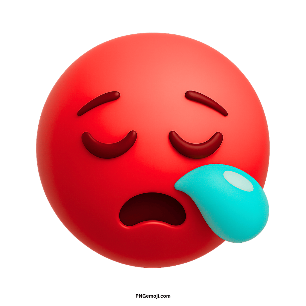 Red sleepy face emoji with closed eyes and droplet symbolizing sleepiness, laziness, or exhaustion