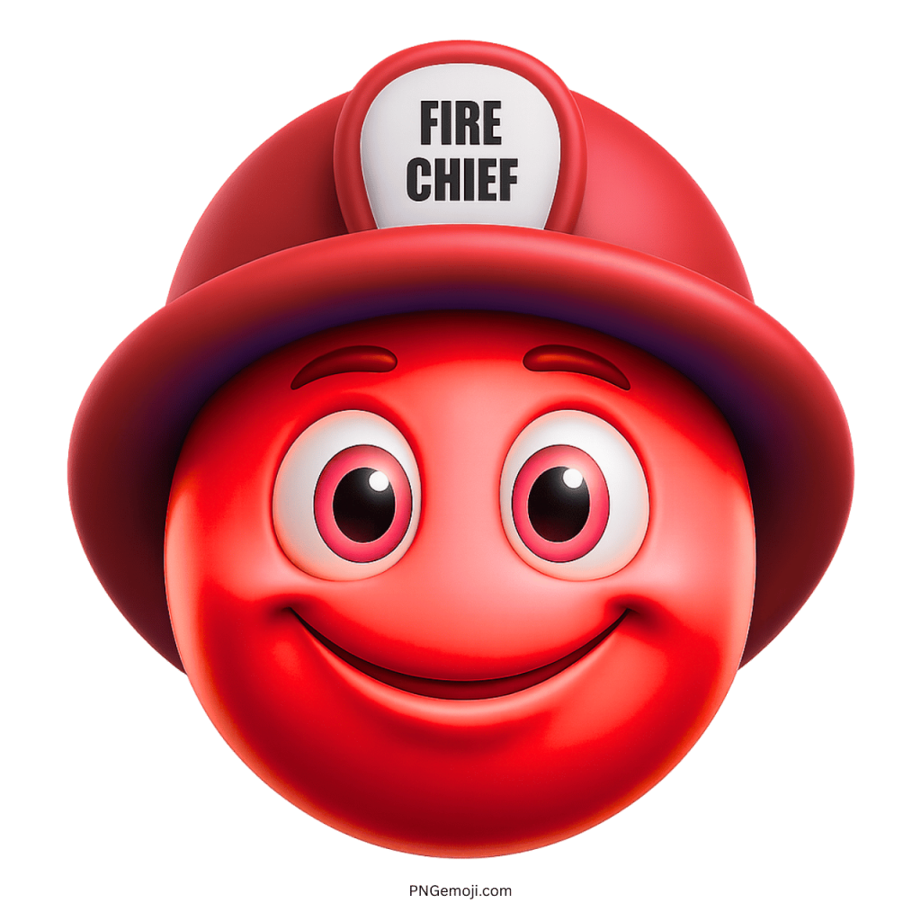 Red smiling emoji face wearing a red fire chief firefighter helmet