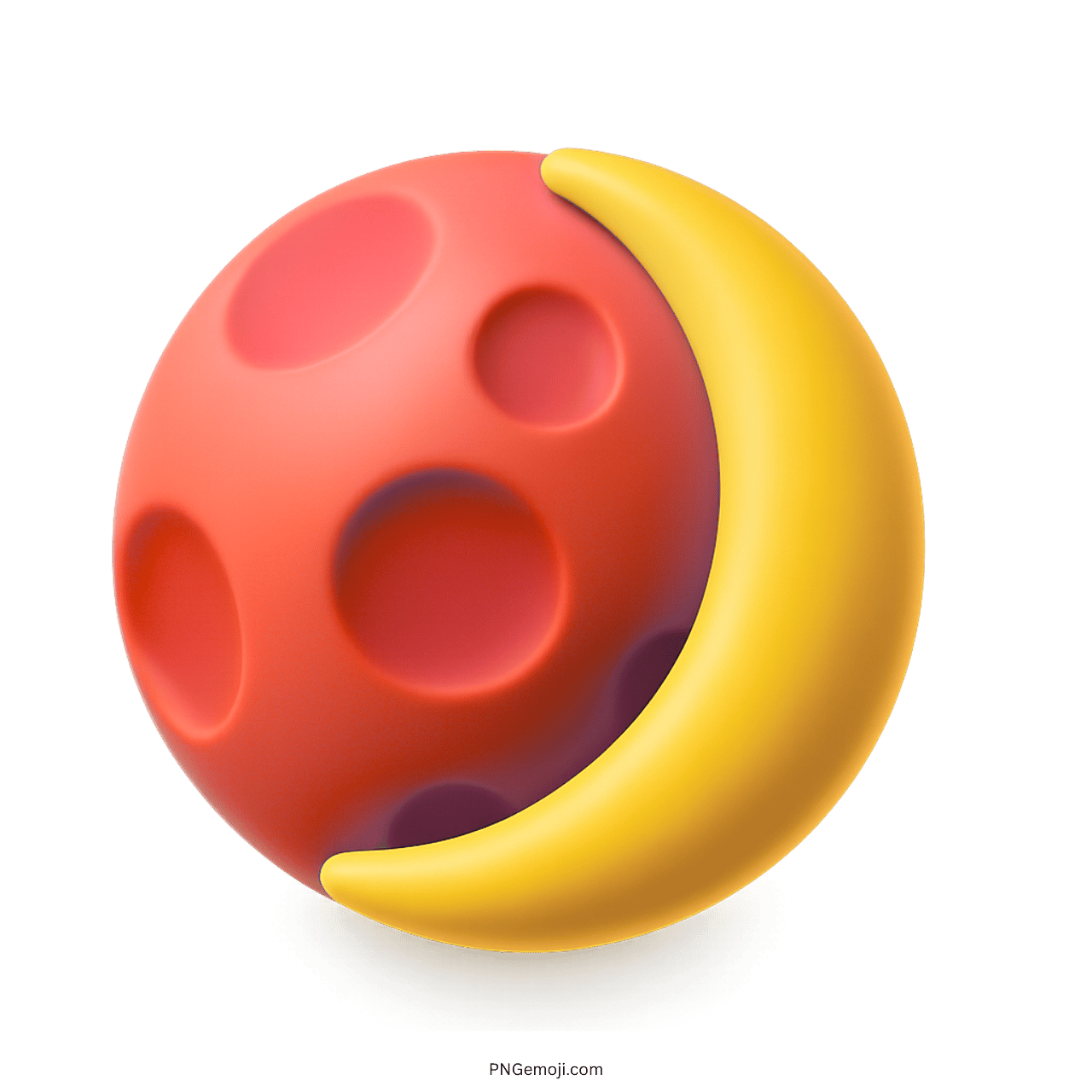 3D red waxing crescent moon emoji with cratered red planet and yellow crescent
