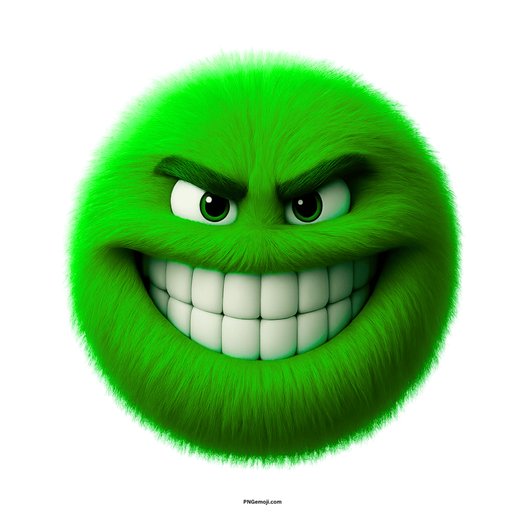 Green furry emoji face with wide grin and intense cartoon angry smile