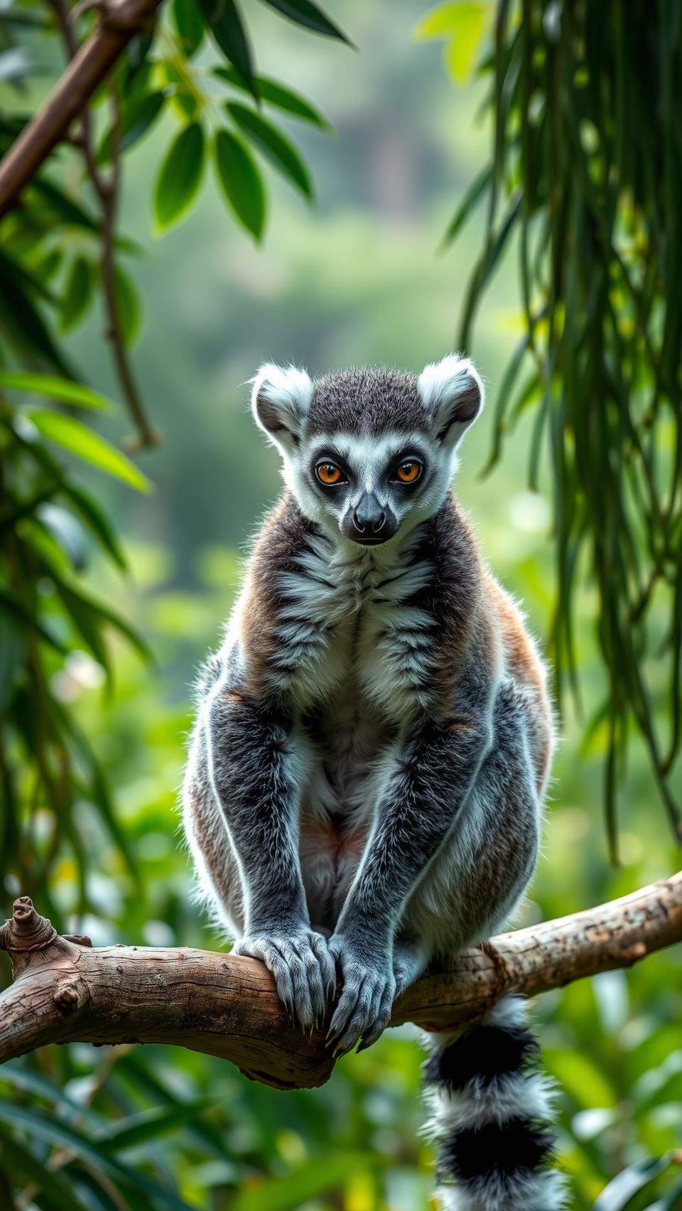 Ring-tailed lemur sitting on a tree branch surrounded by lush green tropical forest