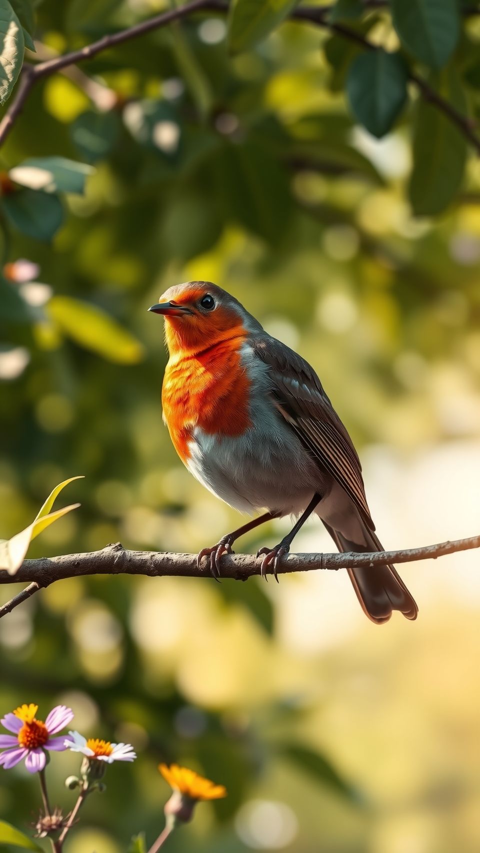 Robin bird perched on tree branch surrounded by lush foliage and colorful flowers in a natural environment.
