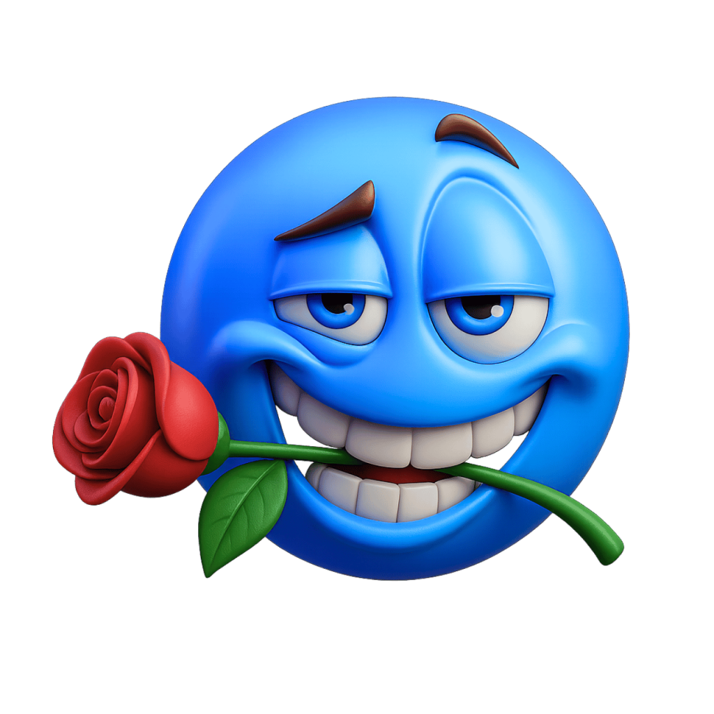Romantic blue 3D emoji holding red rose in mouth with charming facial expression